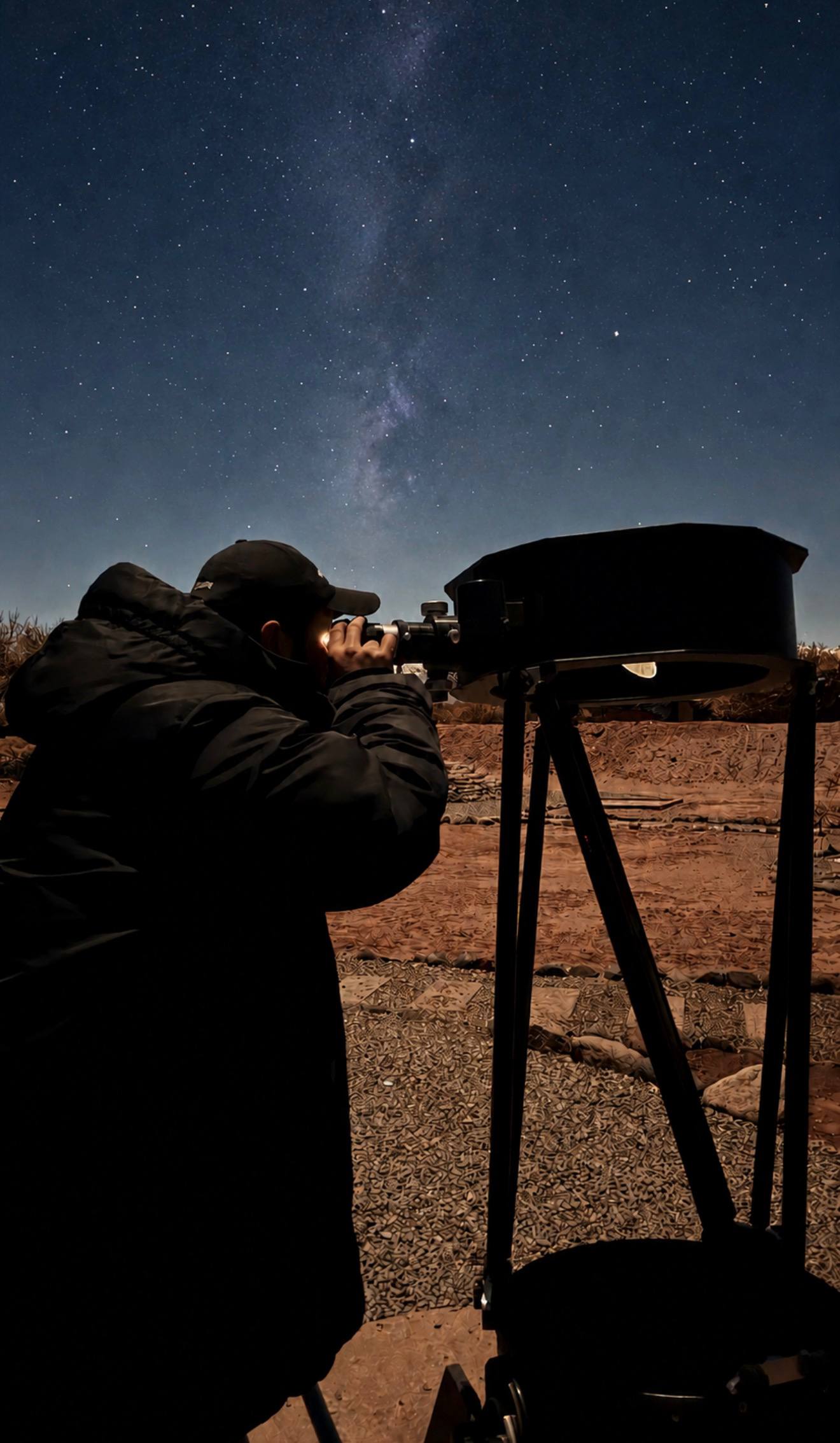 Dan olhando no telescópio à noite no deserto do Atacama, com a Via Láctea inteira estendida no céu estrelado atrás
