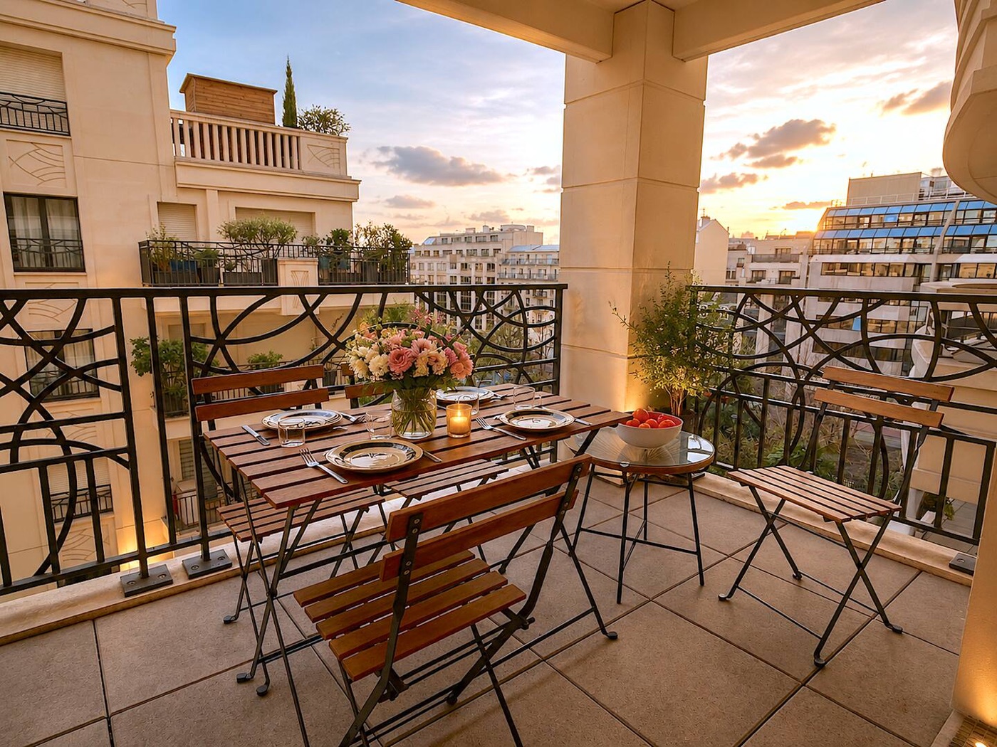 Varanda do apartamento em Levallois-Perret: mesa de madeira posta com flores e velas, grade de ferro trabalhada e os prédios de pedra clara no pôr do sol (foto do anúncio)